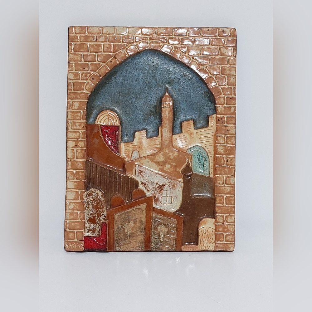 Vintage 87 Moshe Sarad Signed Ceramic Wall Art Plaque Tile Holyland Religious